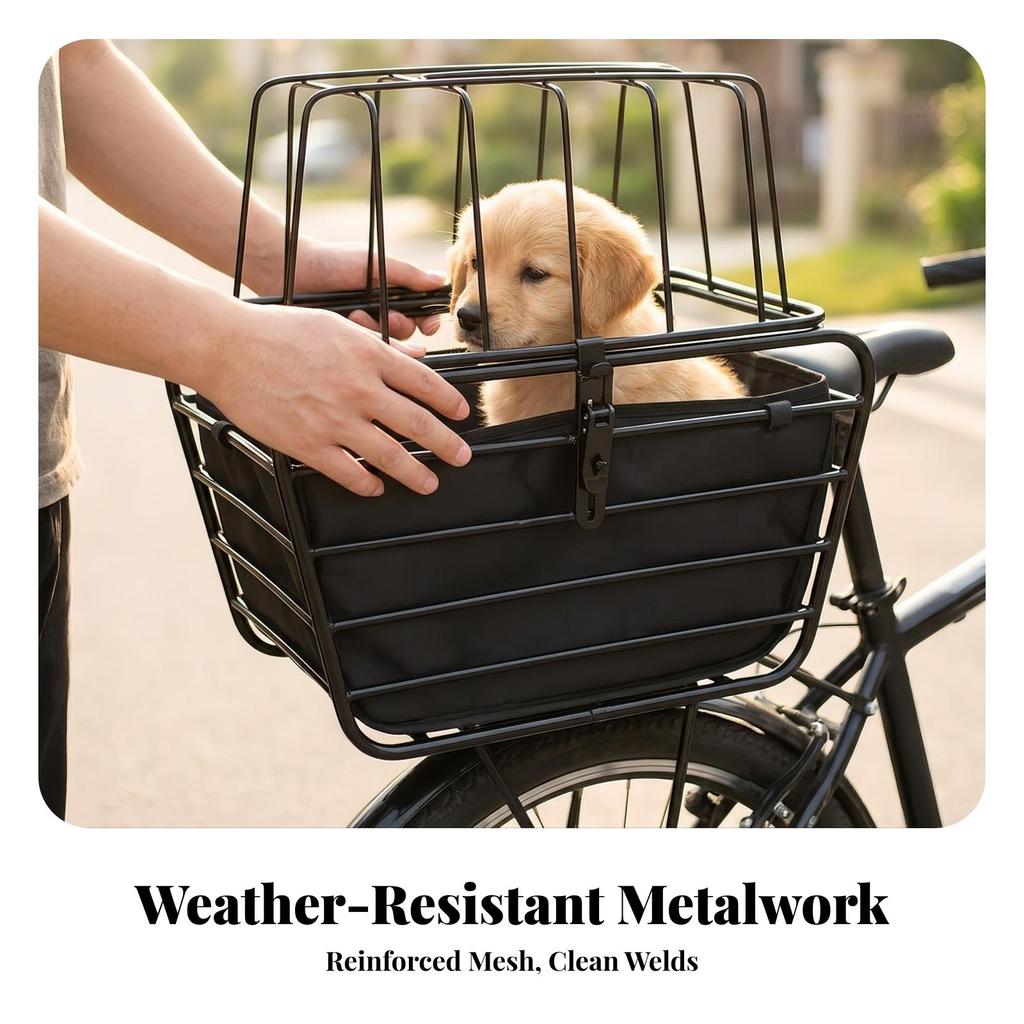 Bike Basket with Wire Cage Shockproof for Shopping Trips, Commuters