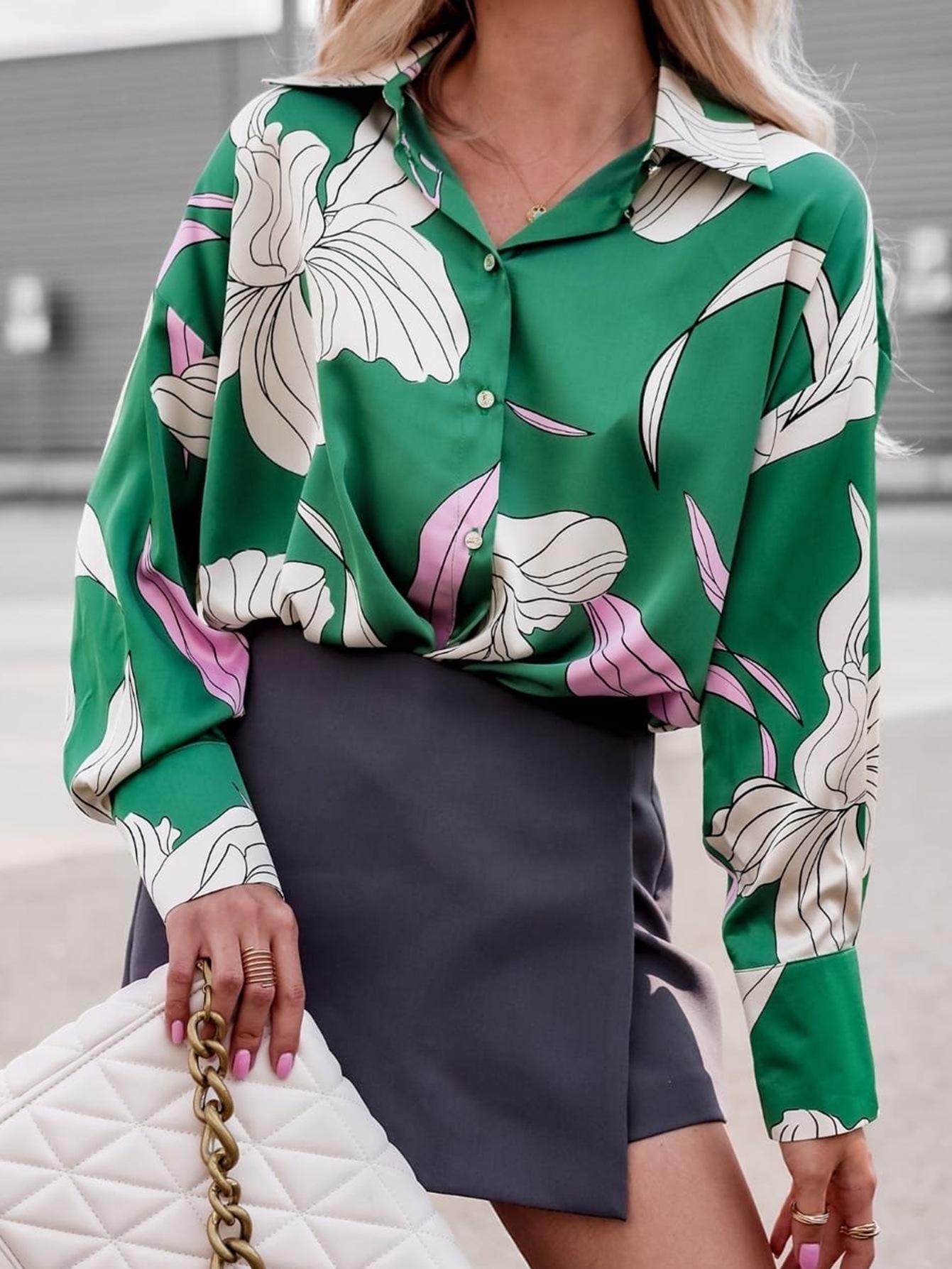 

Новая женская рубашка с длинным рукавом с принтом - Европейский и американский стиль Medium зелёный