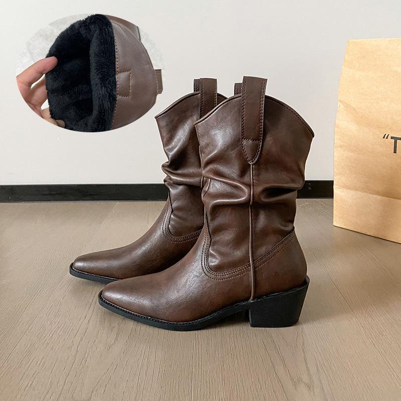 Medium Heel Barn Wind Desert Knight Boots Merard High Heel Pointed Mid Tube Leather Skinny Commuter Suede Pile Boots