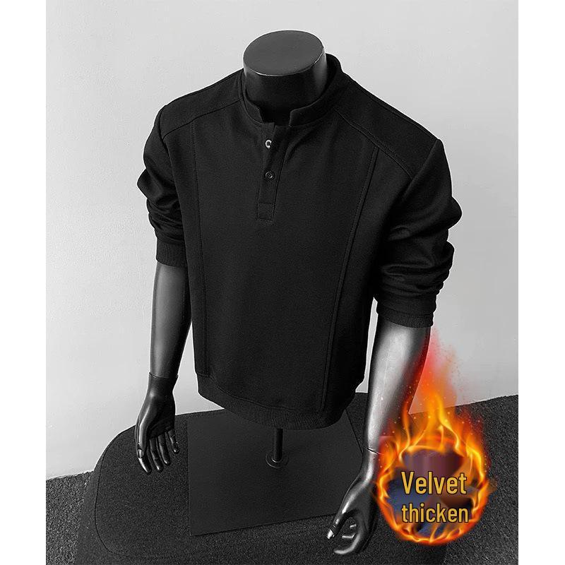 Men's Autumn/Winter Fleece-Lined Henley Long-Sleeved T-Shirt: Thick, Warm, Loose-Fit Base Layer
