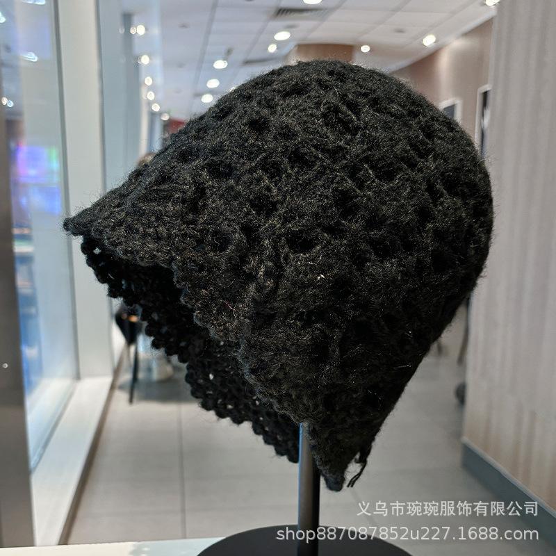 Spring and Autumn Hollow Double Layer Cotton Thread Handmade Crochet Baotou Hat Female Elegant Retro Sweet Decorative Knitted Cold Hat