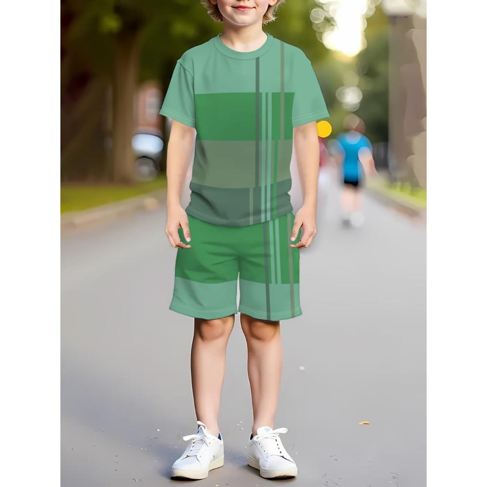 Boys Clothes Simple Striped 3D Printed Short Sleeve T-Shirt Sets Loose Casual Summer Outdoor Quick Drying Children's Clothing