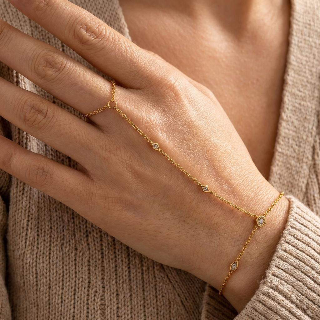 Braccialetti ad Anello per Dita Collegati con Strass Multistrato in Acciaio Inossidabile per Donna Braccialetto con Catena Sottile Fatta a Mano Gioielli da Festa
