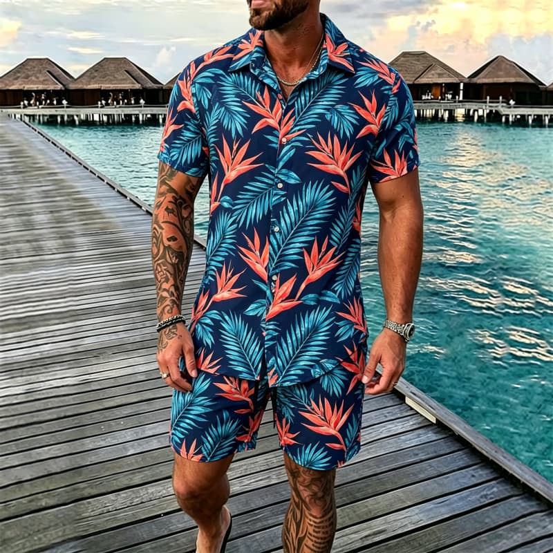 Men's Summer Tropical Floral Print Two-piece Set, Short-sleeve Shirt and Shorts