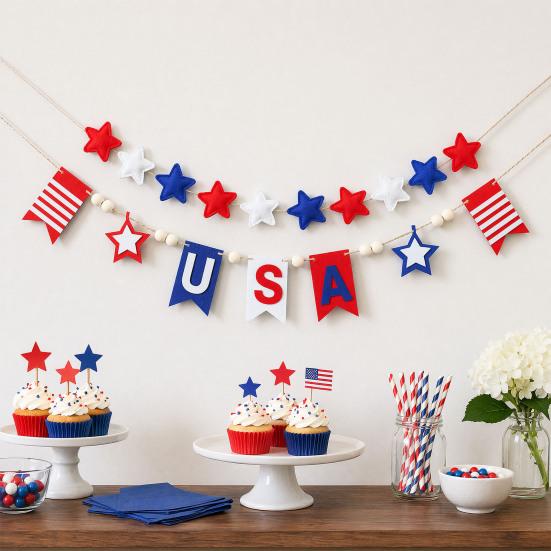 Event Hanging Banner Patriotic Garland for 4th of July Decorations, Red White Blue Foldable Bunting Memorial Day, Veterans Independence Day