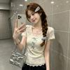 Pure Lace Splicing V-neck Hollow Short-sleeved T-shirt Women's Summer Design Bow Slim-fitting Foreign-style Versatile Top