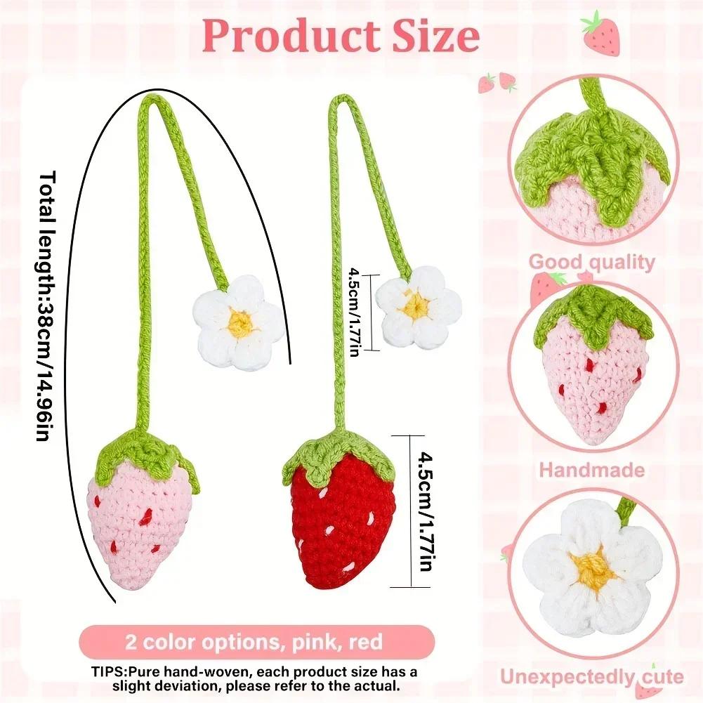 Knitted Car Rearview Mirror Hanging Ornament Car Interior Decoration Strawberry Pendant Daisy Lanyard Bag Pendant