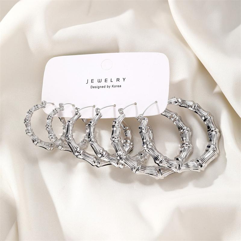 Punk Exaggerated Bamboo Circle Earrings Set for Women Vintage Metal Bamboo Joint Hoop Earring Unusual Party Versatile Jewelry