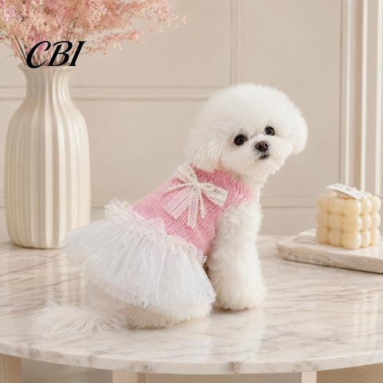Lace Pet Dress Knitted Sleeveless Dog Dress, White Tutu Puppy Princess Cute Girl Small Clothes with Faux Pearl Bow, Summer Female for Dogs Party
