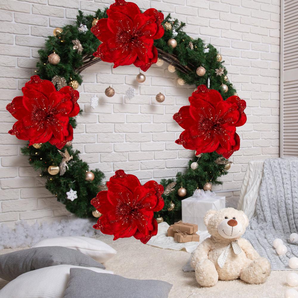 1/10pc Artificial Glitter Christmas Flowers Red Poinsettia Xmas Tree Hanging Ornament Glitter Magnolia Fake Flower Wedding Party