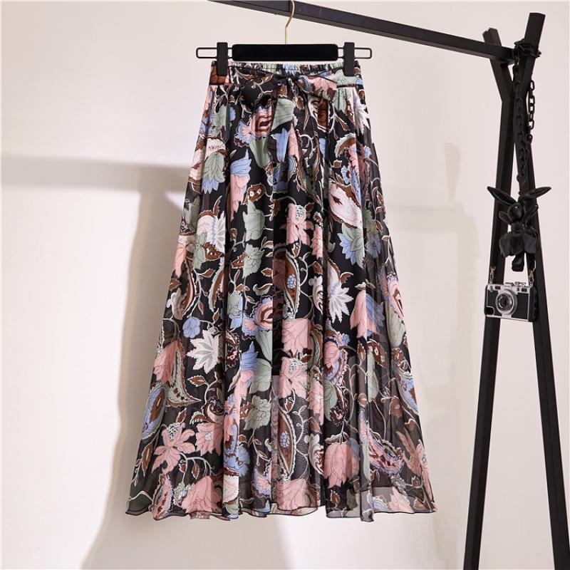 Spring and Summer New Bohemian Chiffon Skirt Mid-Length High Waist Fairy Floral Large Swing Skirt Beach Skirt