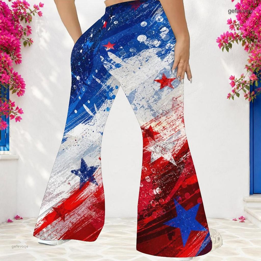 Women Plus Size High Waist Full Length Flared Pants White Star Printed Trousers