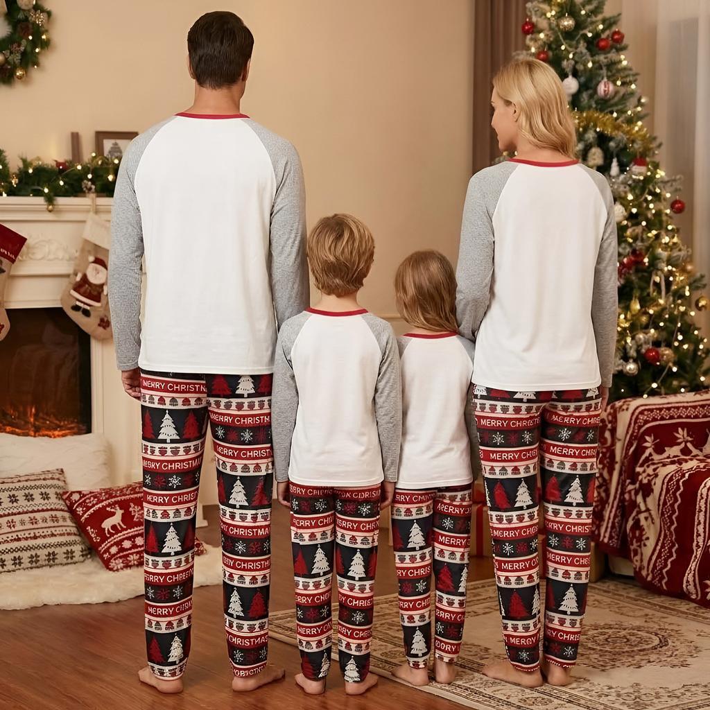Christmas Print Family Matching Pajama Set, Neck Long Sleeve and Long Pants Loungewear