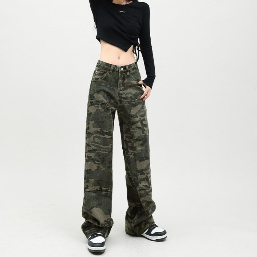 Trend camouflage tooling washed pants women's 2025 summer street hip hop loose wide-leg casual jeans