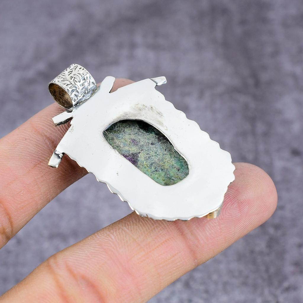 Ruby Fuchsite,Diopside Lab-Created Handmade 925 Sterling Silver Pendant 2" P2j70