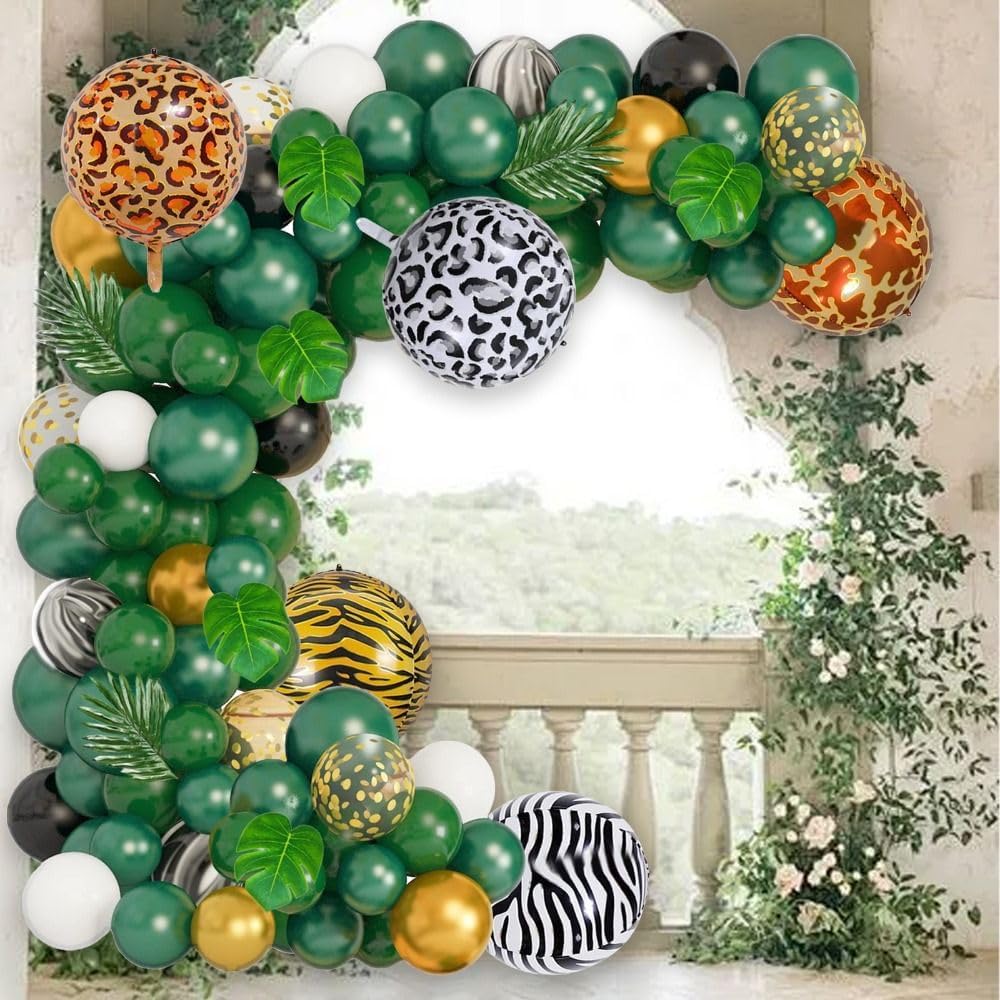 90Pcs Jungle Safari Balloons Arch Kit, Dark Green Gold Black Garland Kit with Animal Foil Balloons Palm Leaves for Wild One Birthday Woodland Party