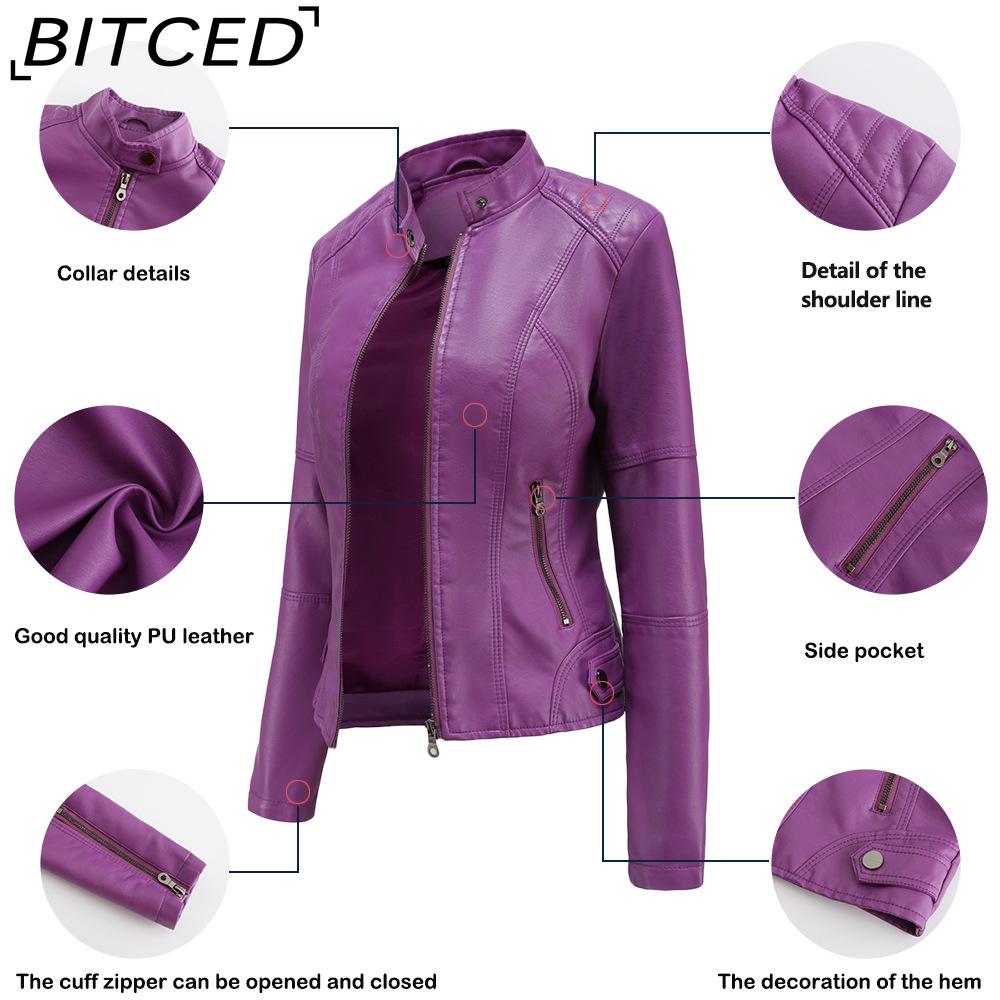 BITCED Women's Slim-Fit Leather Jacket - Lightweight Spring/Autumn Outerwear Motorcycle-Style Oversized Stand Collar Leather Jacket
