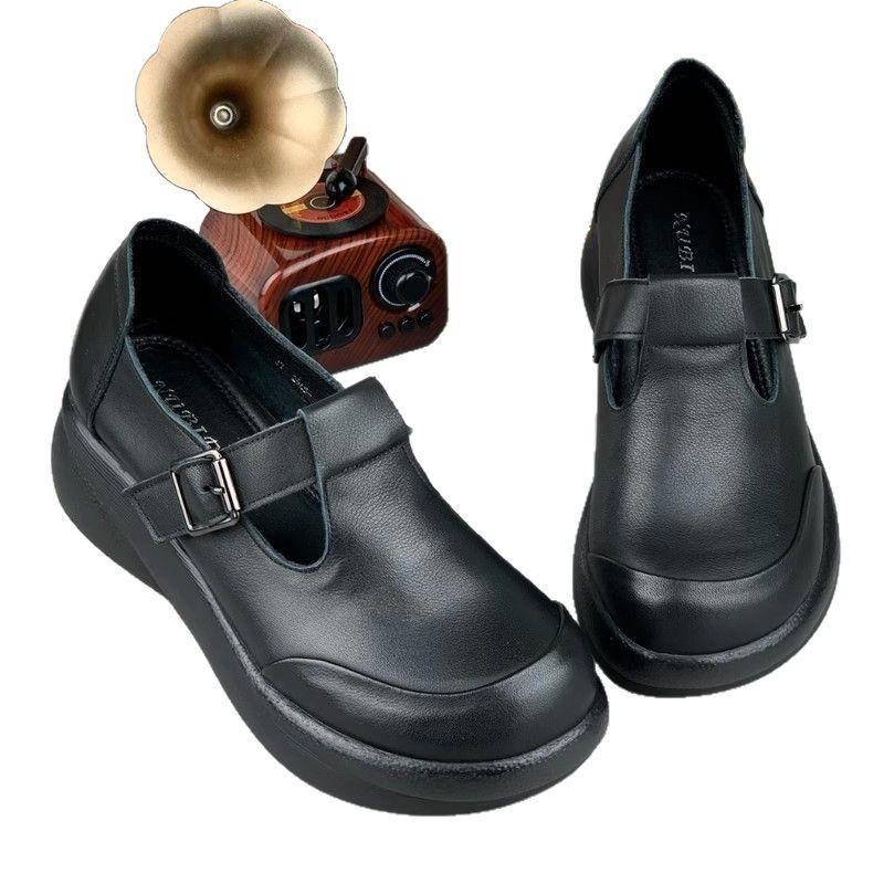Leather Wedge Single Shoes Women's Spring Cowhide Versatile Solid Color Middle-aged and Elderly Leather Shoes Retro Round Head Platform Women's Shoes