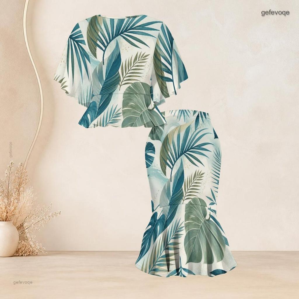 Women Plus Size Two Piece Set Round Neck Batwing Short Sleeve Tropical Leaf Printed Ruffle Hem Top Fishtail Skirt