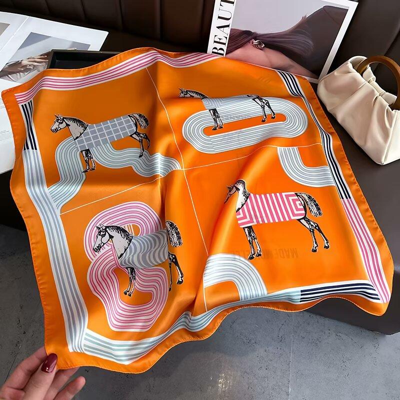 Luxury Silk Shawl Square Scarf Women Horse Satin Hijab Fashion Wraps Neckerchief Female Hair Bands Ribbon Headband Bandana 70CM