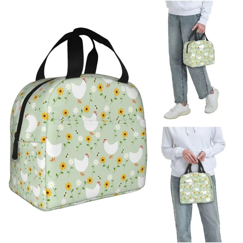 White Chickens And Floral Pattern Insulated Lunch Bag for Women Kids Leakproof Food Boxes Thermal Lunch Box Tote
