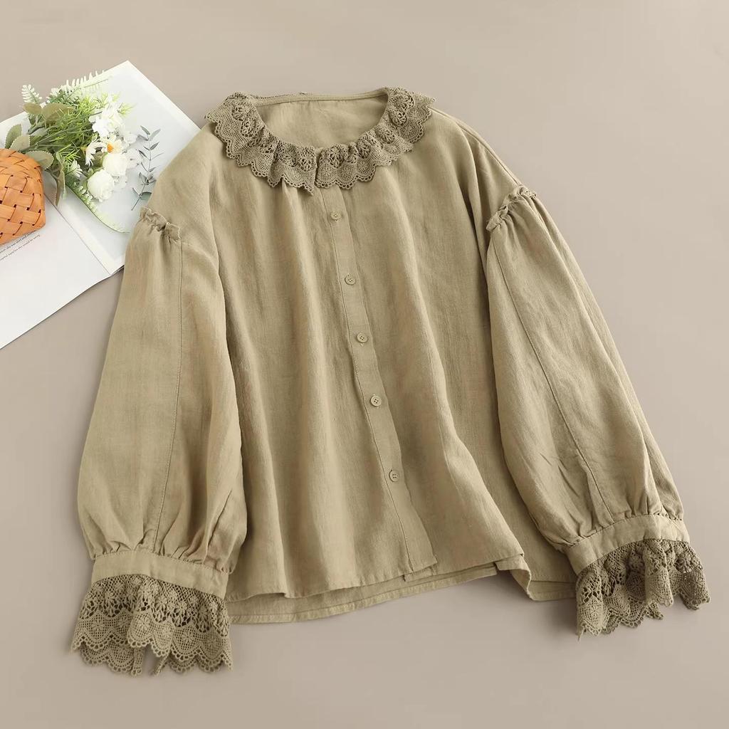 French Lace Patchwork Long Sleeve Doll Collar Linen Shirt