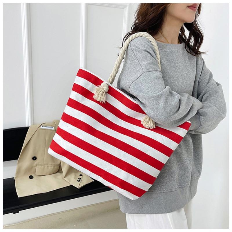 New Striped Large Capacity Shopping Bag Compilation Tote Bag