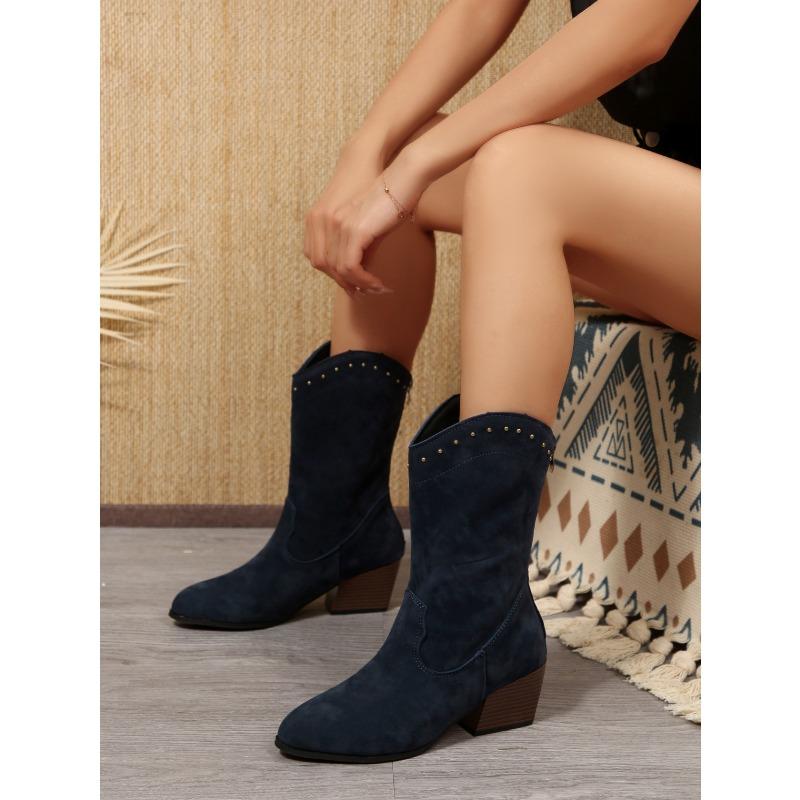 New Rivet Pointed Toe Mid-Top Boots Women's 2025 Winter Thick Heel Suede V-Mouth Knight Boots