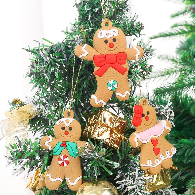 PVC Soft Gingerbread Man Christmas Ornaments Bell Snowflake Chrismas Tree Hanging Figurines Pendant Party Xmas Decor Kids Gifts