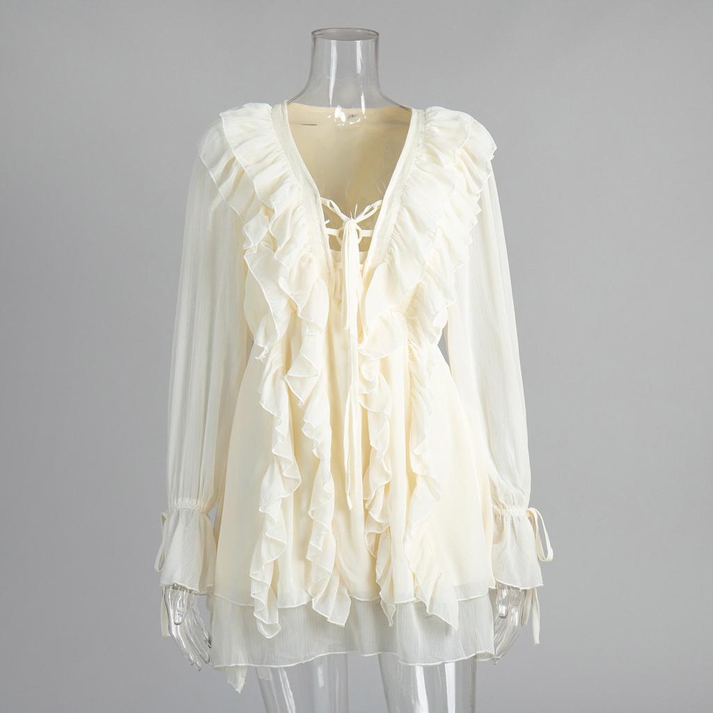 Chiffon Long-sleeved Dress European and American Spring New Lantern Sleeve Lace-up Short Skirt Ruffle Leaf Edge Dress