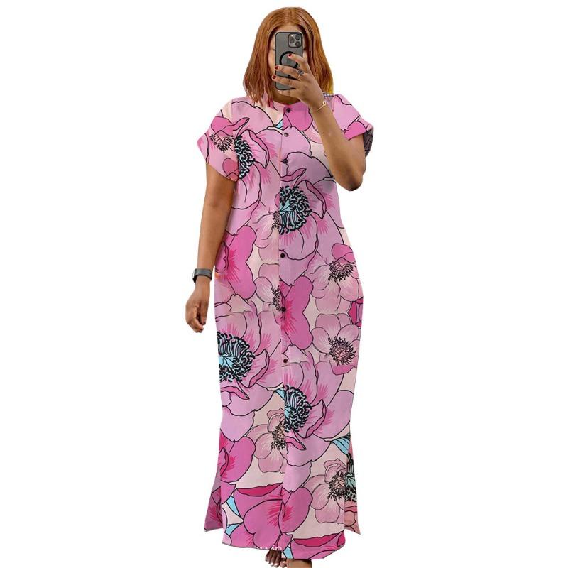 Plus Size Colorful Geometric Print Button Down Short Sleeve Maxi Dress