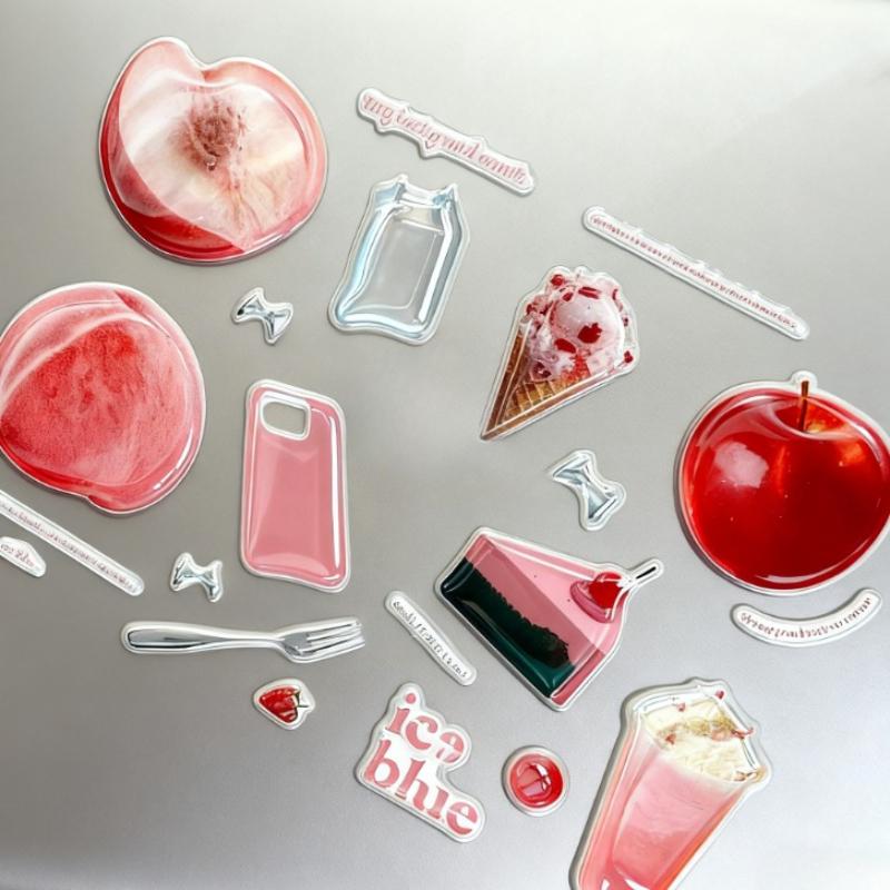 Girlish Cute Pink Fruit Ice Cream 3D Relief Stickers High-quality Epoxy Resin Jelly Decals for IPad Laptops Phone Case DIY Decor