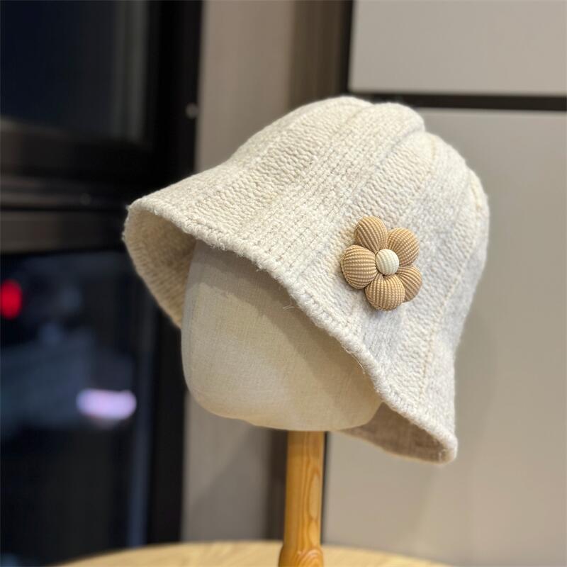 Flower Knitted Versatile Bucket Hat Women Autumn and Winter Show Washbasin Hat Big Head Circumference Warm Bucket Hat Tide