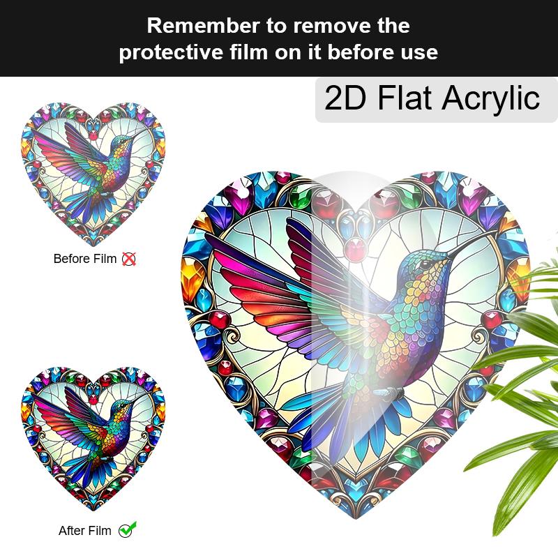 Acrylic Heart-Shaped Hummingbird Suncatcher, Stained Glass Style Window Hanging Ornament for Bird and Colorful Art Lovers