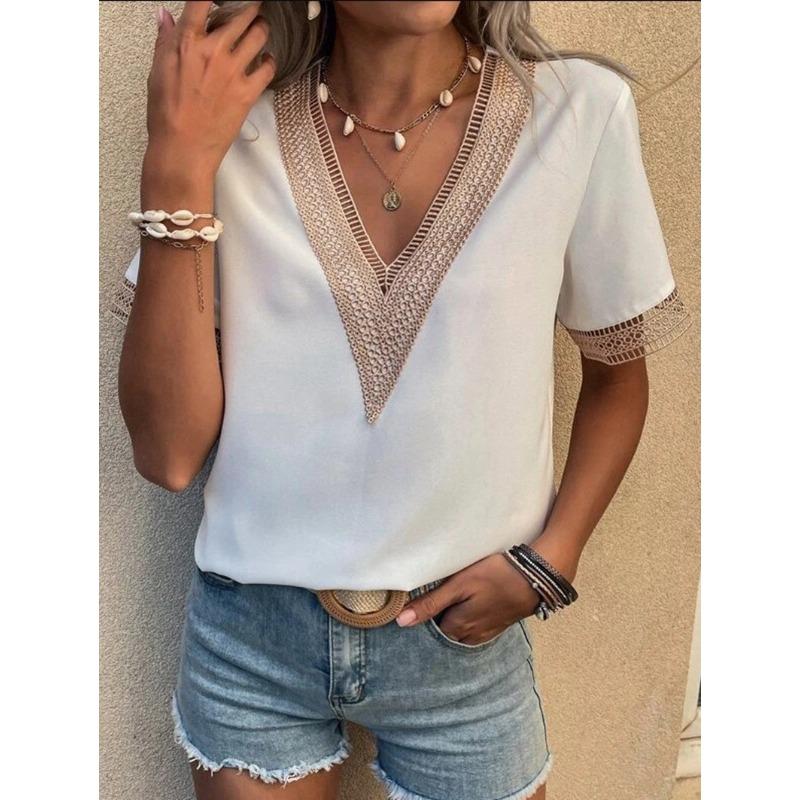 Summer new, women s V-neck lace casual solid color shirt S белый
