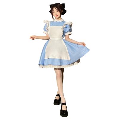 Cute Lace Maid Outfit Short Blue and Includes Apron and Cosplay Perfect for Photo and More [ChicFlow] Set, Sleeves, Ruffles, White, Headband, Uniform,