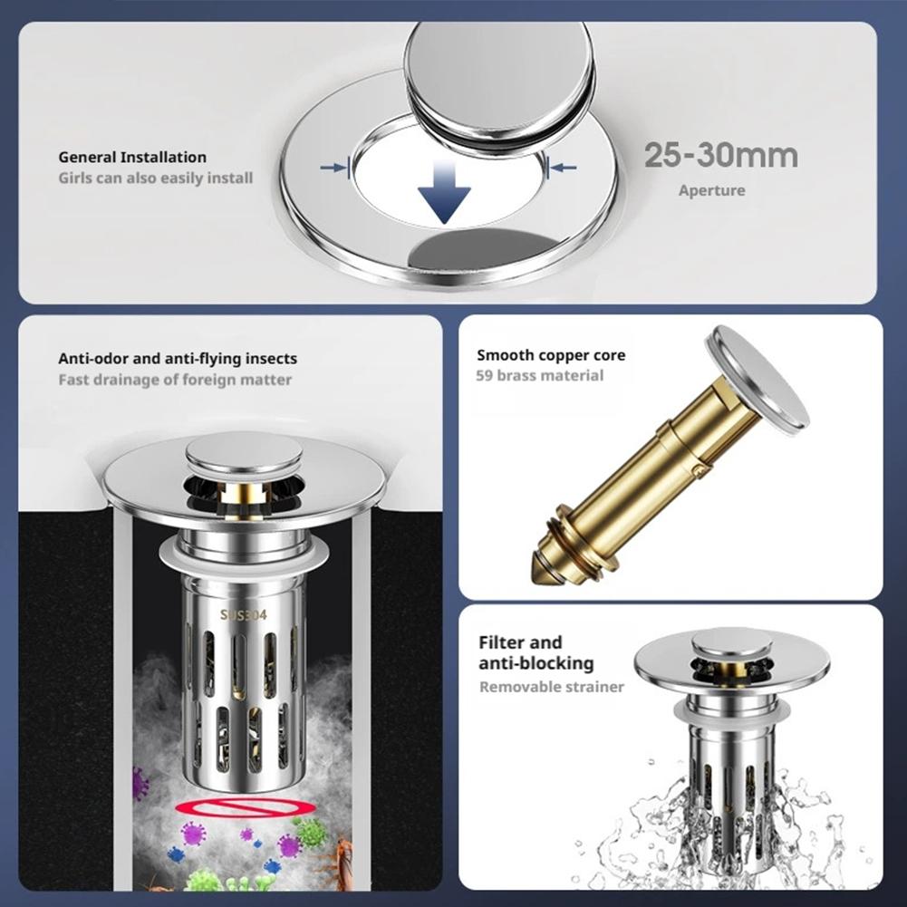 Anti Odor Pop-Up Bounce Core Sink Strainer Basin For Kitchen Bathroom Stainless Steel Floor Drain Filter Washbasin Plug