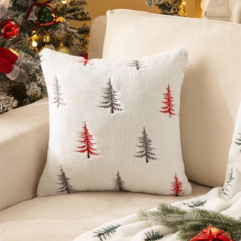 Festives Christmas Tree Embroidery Faux Furs Pillowcase Multipurpose Sofa Square Cushion Cover Bedroom Decoration