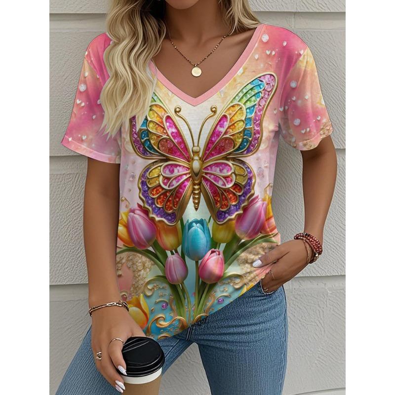 Flower Butterfly 3D Print T-shirt Women Streetwear Casual T Shirts Tops Summer  Harajuku V-Neck Tees Oversized Woman Clothing