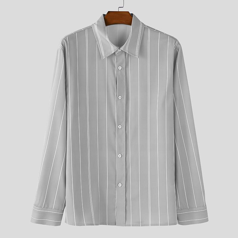 

INCERUN Oversized Men Turn-down Collar Long Sleeve Striped Casual Loose Shirts 5XL серый