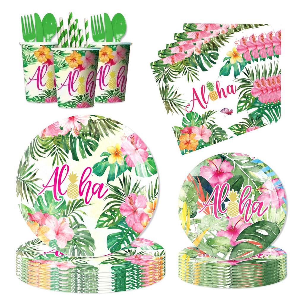 Hawaii Flamingo Summer Party Paper Tableware Set: Plates, Cups, Napkins, Tablecloth, Cutlery
