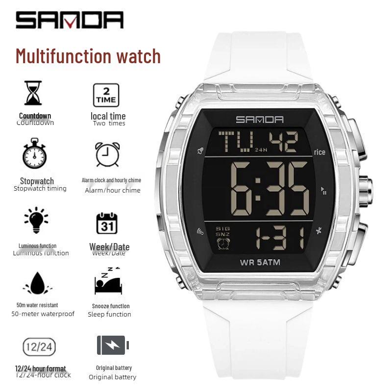 SANDA Men's Multifunctional Dual Time Waterproof Sport Watch - Fashion Tonneau Shape with Snooze Feature