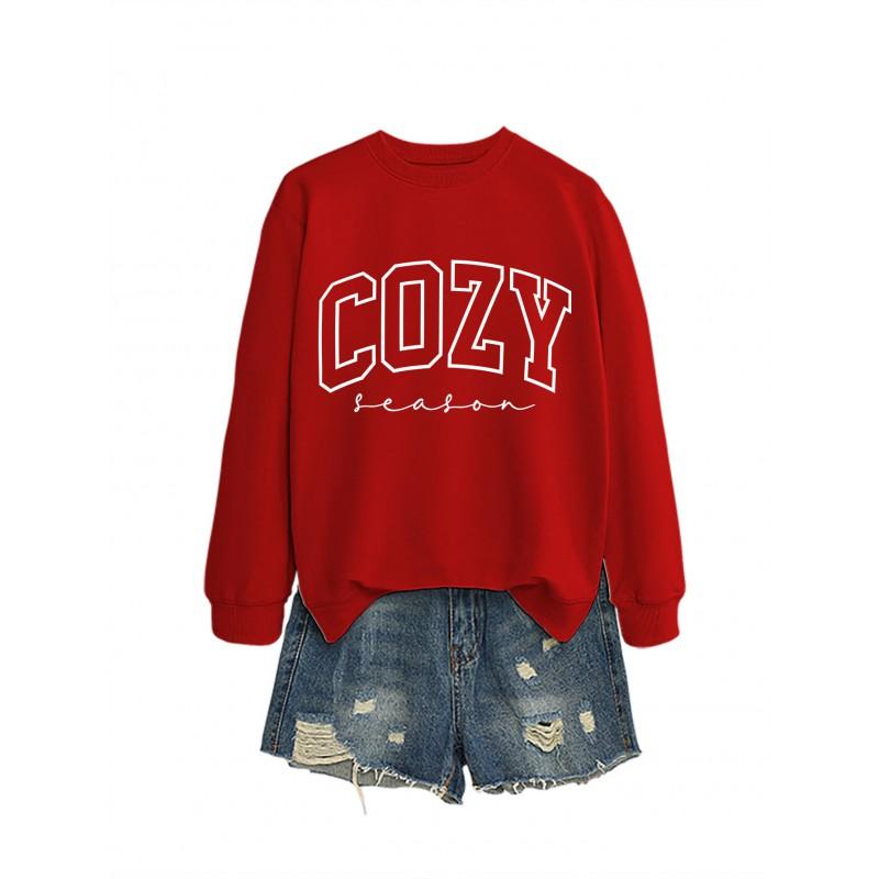 Womens Cozy Casual Round Neck Long Sleeve Cotton Sweatshirt With Letter Print Loose Fit