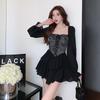 Hepburn Square Collar Black Dress Children Autumn and Winter High-end Temperament Princess Tutu Skirt Waist Small Short Skirt