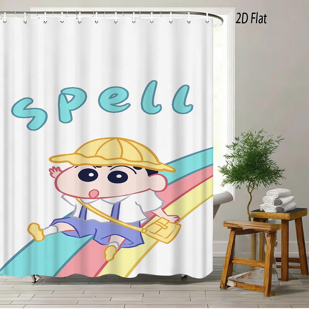 Crayon Shin-Chan All Characters Big Group Photo Scene 2D Print Waterproof Shower Curtain, Vibrant Blue Sky With Full Cast Bathro