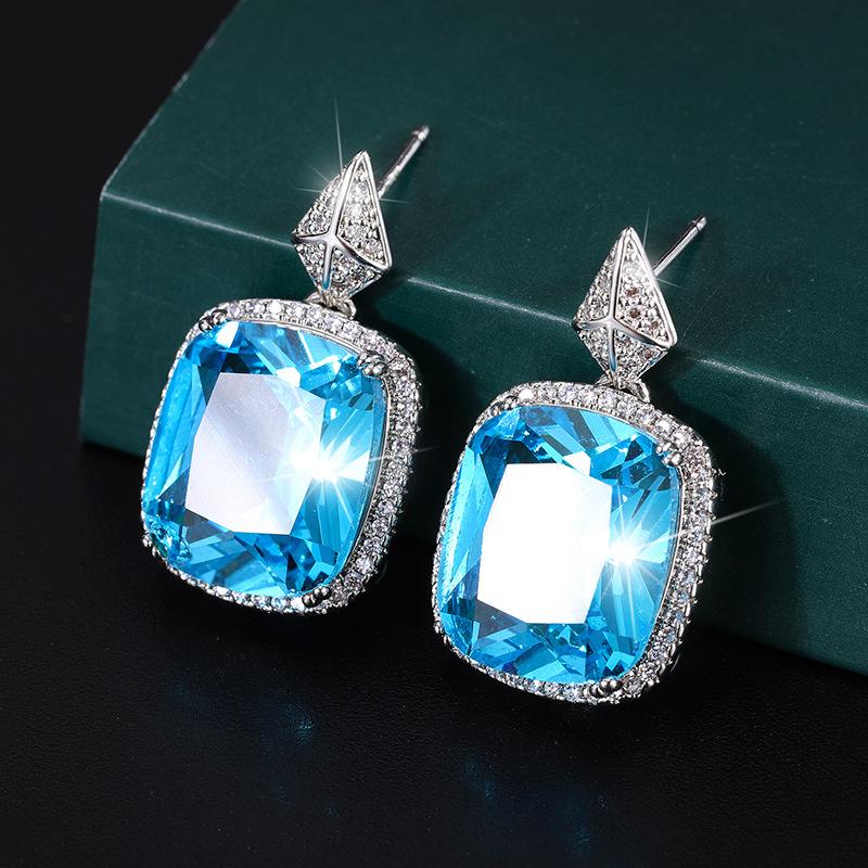 Jewelry Retro Style Simulation Topa Blue Full Diamond Luxury Set Creative Set Necklace 12 * 16 Stud Earrings 12 * 14