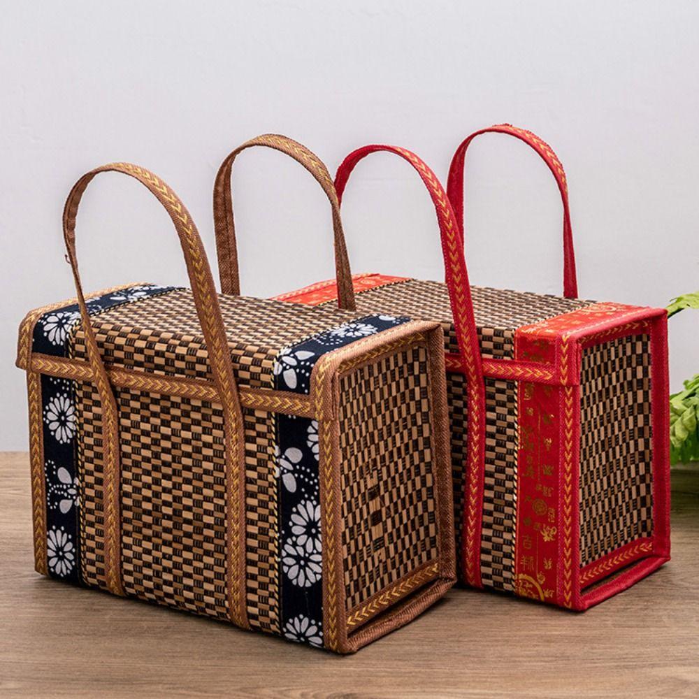 Rectangular Hand-Woven Basket Bamboo Handheld Woven Basket Retro Bamboo Picnic Basket  Photo Prop