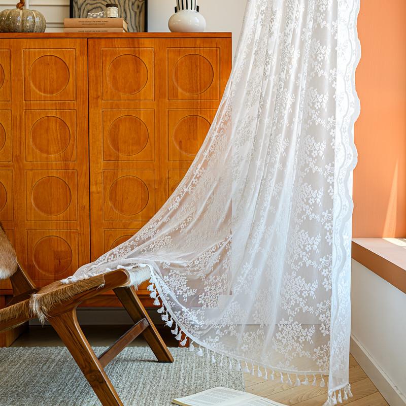 French Transparent Curtain Window Screen Hollow Lace Gauze Curtain Wavy Edge Fringed Bedroom Living Room Finished Product