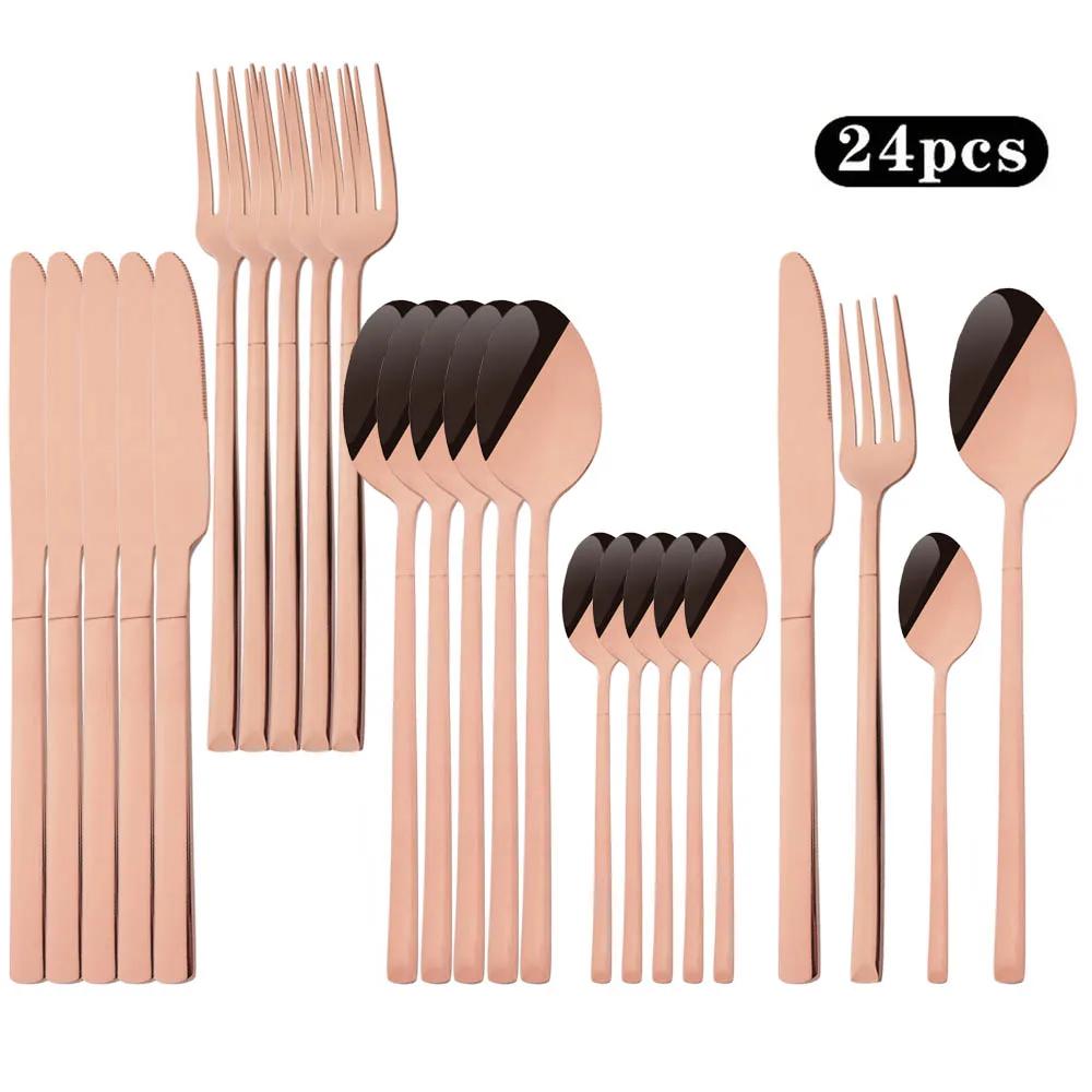 24Pcs Western Gold Dinnerware Set Knife Fork Coffee Spoon Cutlery Set Stainless Steel Flatware Kitchen Silverware Tableware