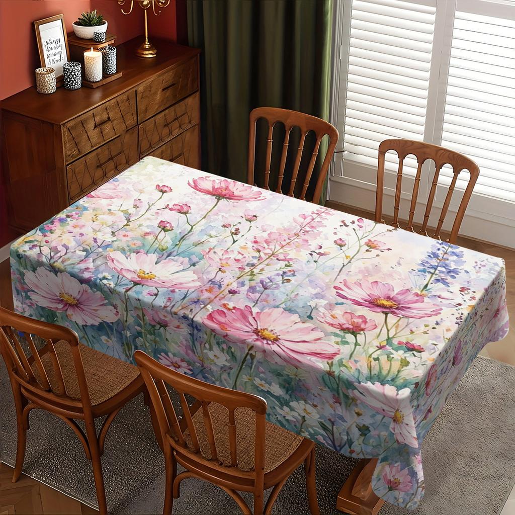 Watercolor Floral Pattern Polyester Tablecloth - Decorative Table Cover for Dining Table, Stylish Home Party Table Decoration